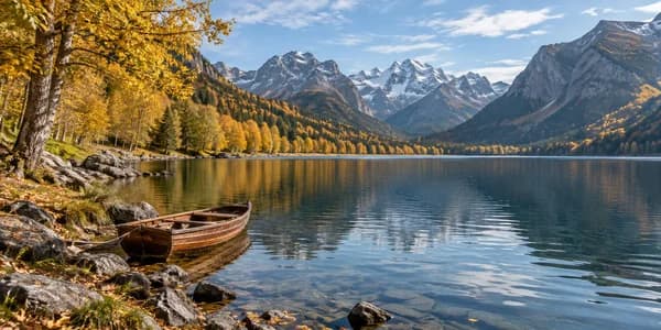 Wooden boat on a mountain lake beside golden trees and snowy peaks