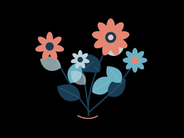 Coral and teal flowers with blue-green leaves on a transparent background