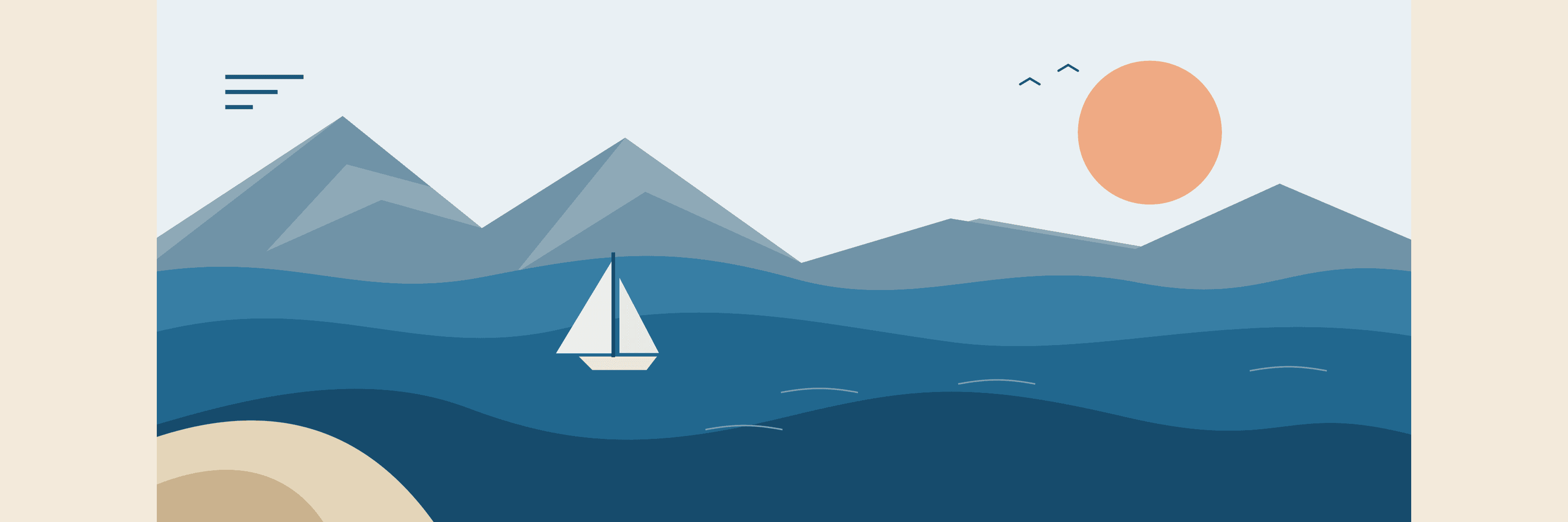 The complete seascape scaled to 2592 by 1080 pixels and centered on a 3240 by 1080 pixel banner with 324 pixel warm beige side margins
