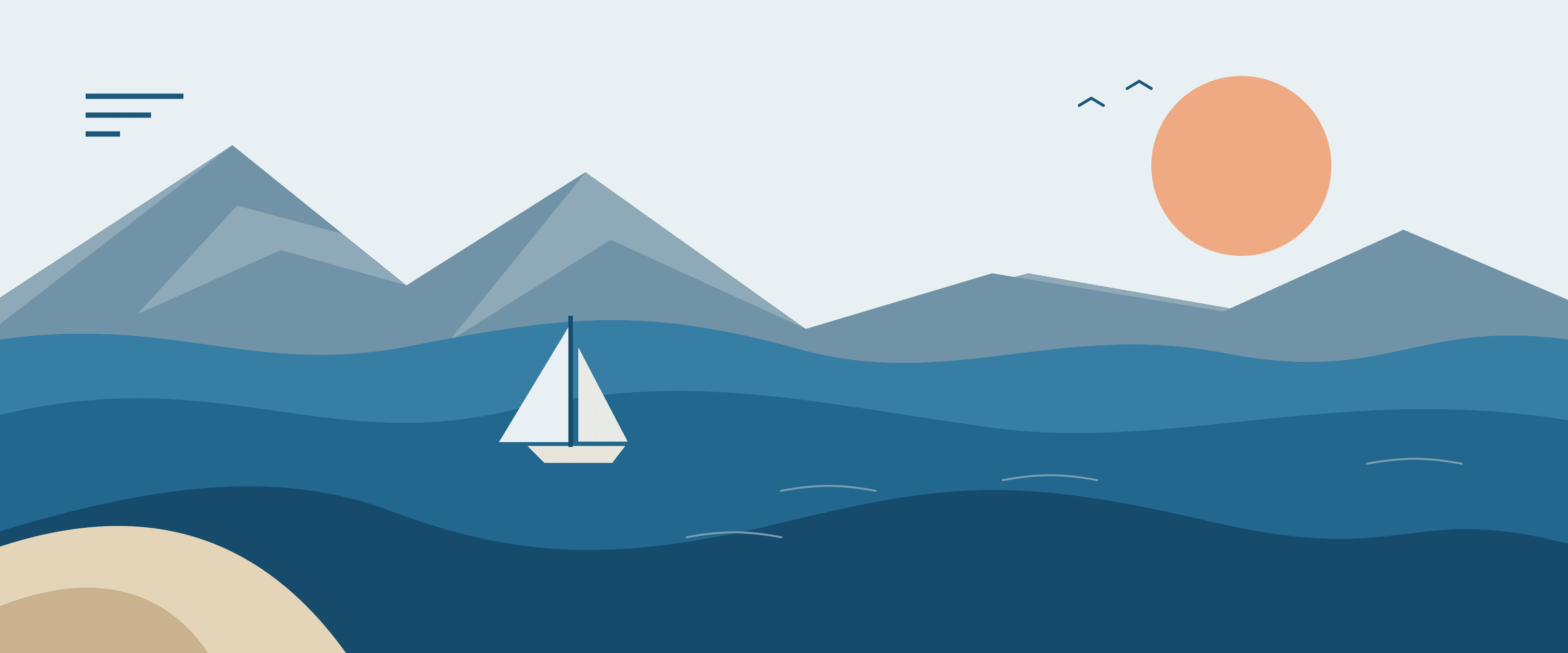 Original wide seascape illustration with blue mountains, a sailboat and a coral sun before splitting into an Instagram carousel
