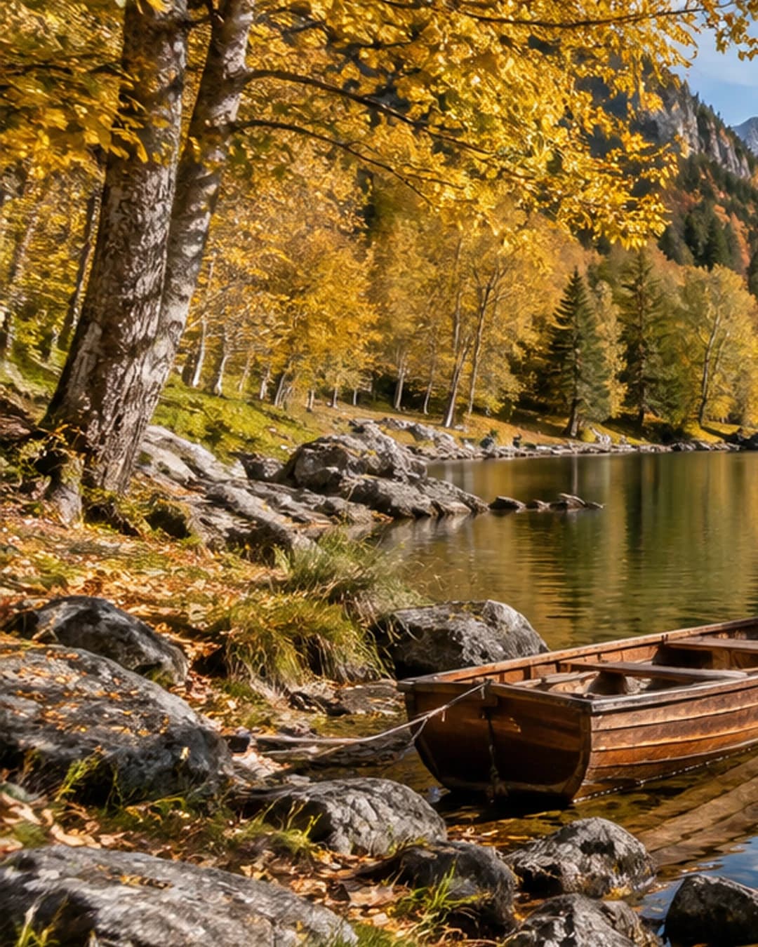 Árvores de outono, um barco e montanhas refletidas em um carrossel contínuo · 1 / 3