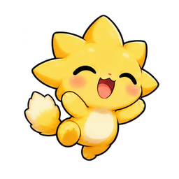 Yellow electric creature hopping with closed eyes and a joyful smile