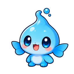 Seated blue water-drop creature with round eyes and fin-shaped arms