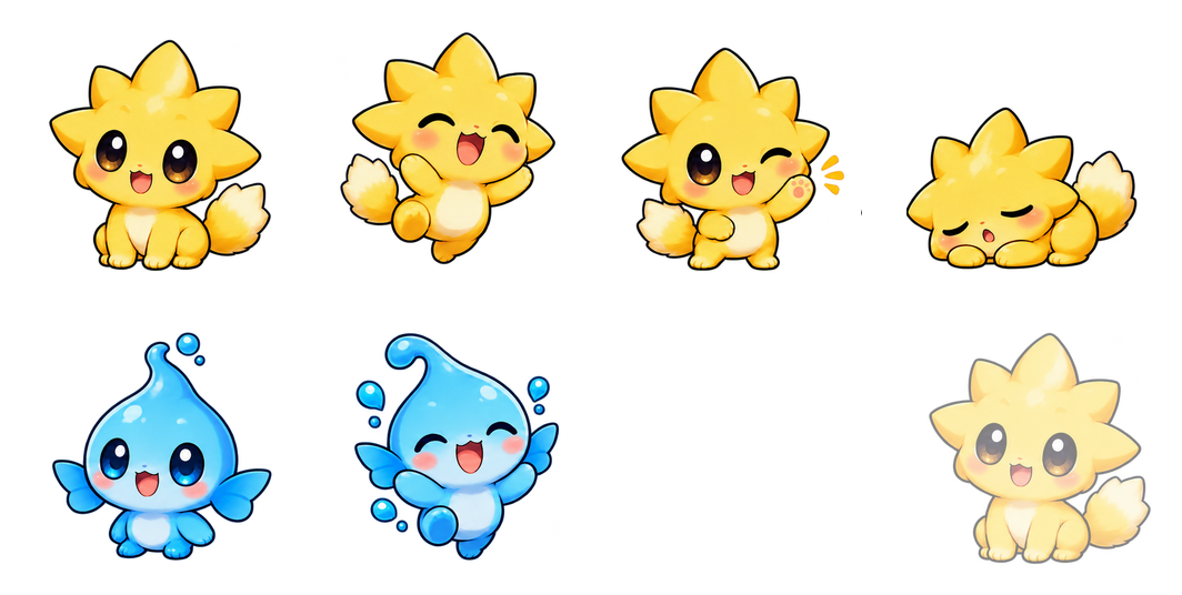 Yellow electric star creatures and blue water creatures in an eight-cell sprite sheet with margins and gaps